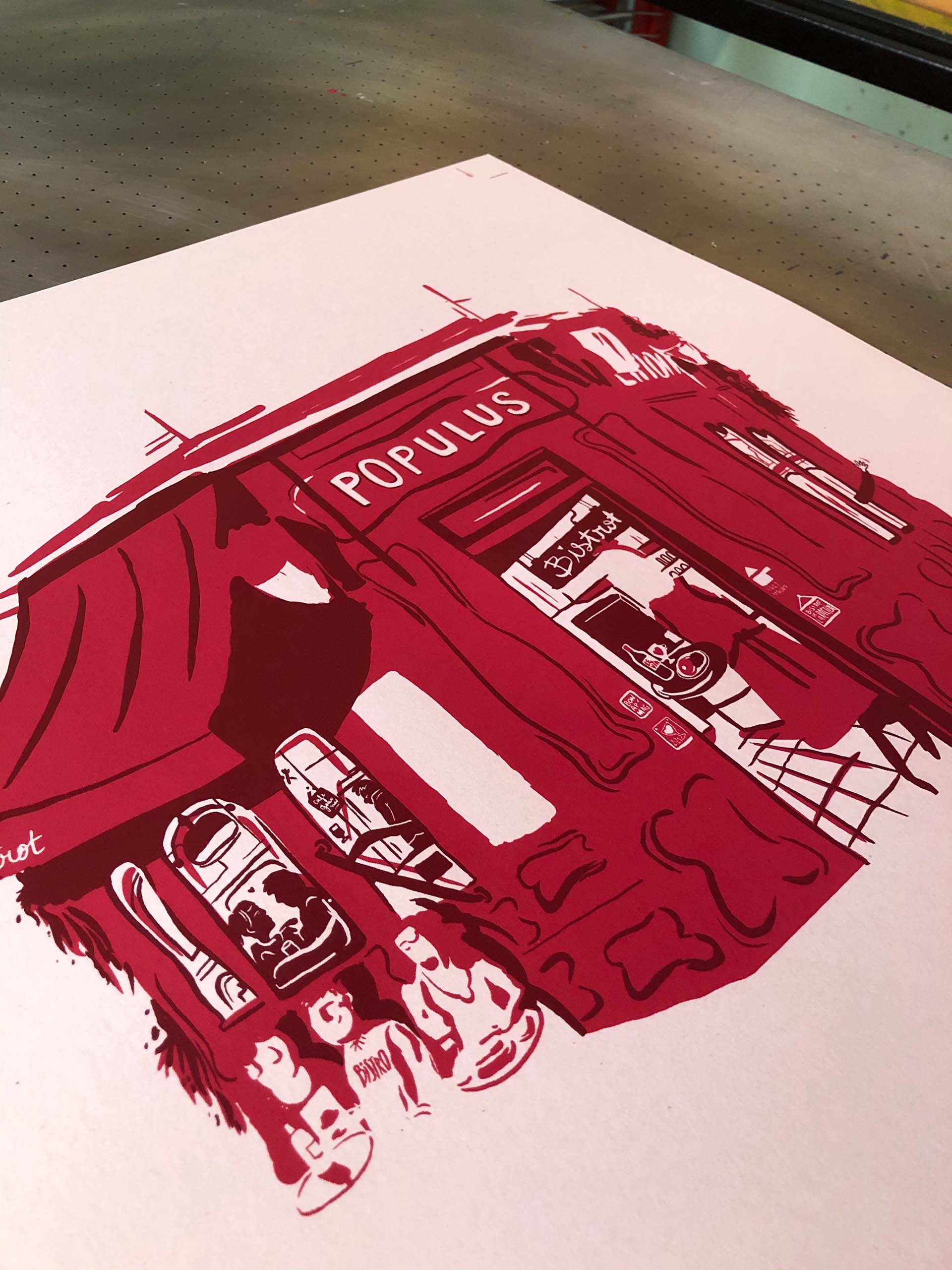 Populus Bistrot - Impression du rouge - Illustration de Romain Fwells - Sérigraphie à l'Atelier Fwells Paris