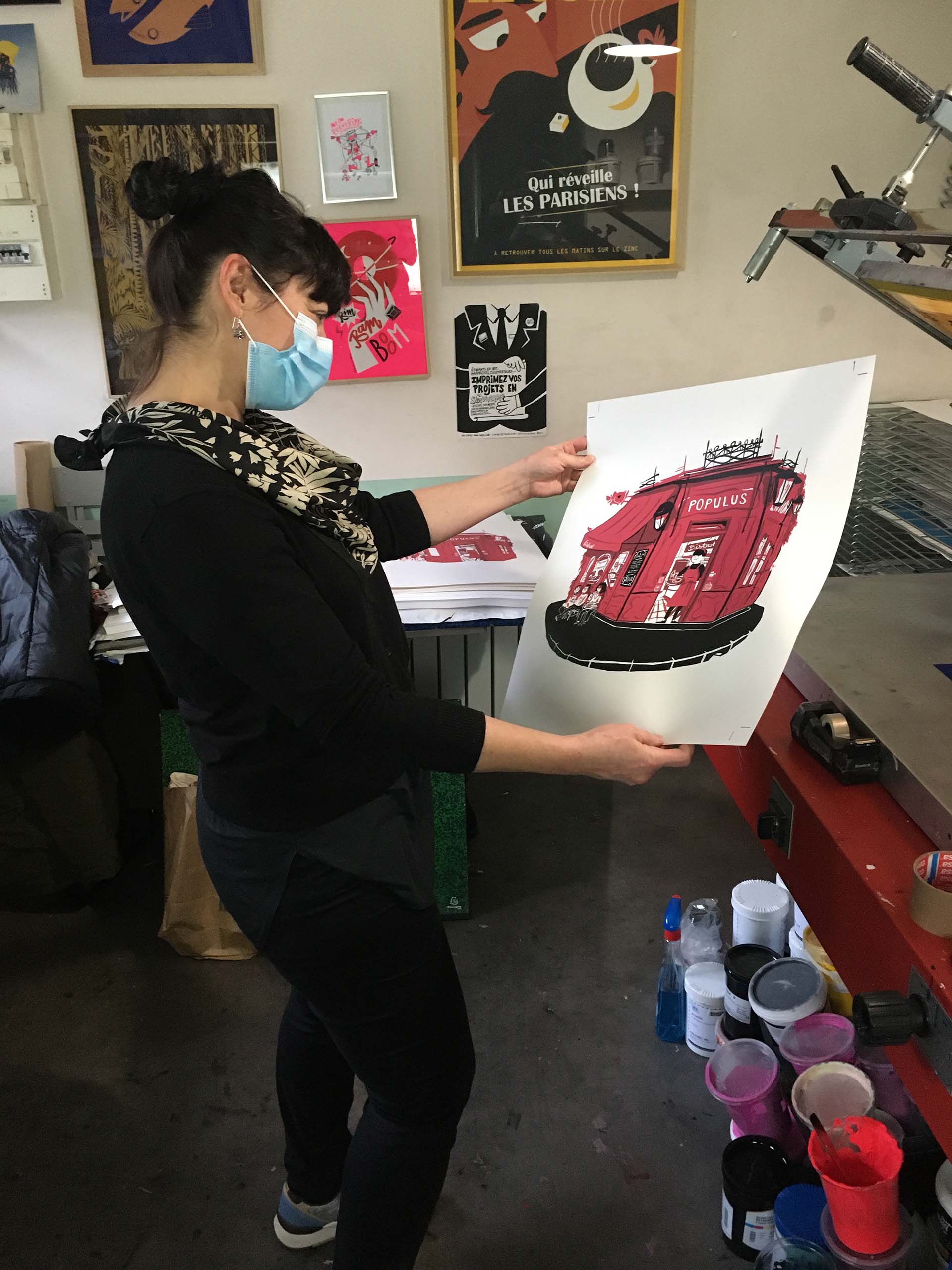 Populus Bistrot -Emmanuelle gérante - Illustration de Romain Fwells - Sérigraphie à l'Atelier Fwells Paris