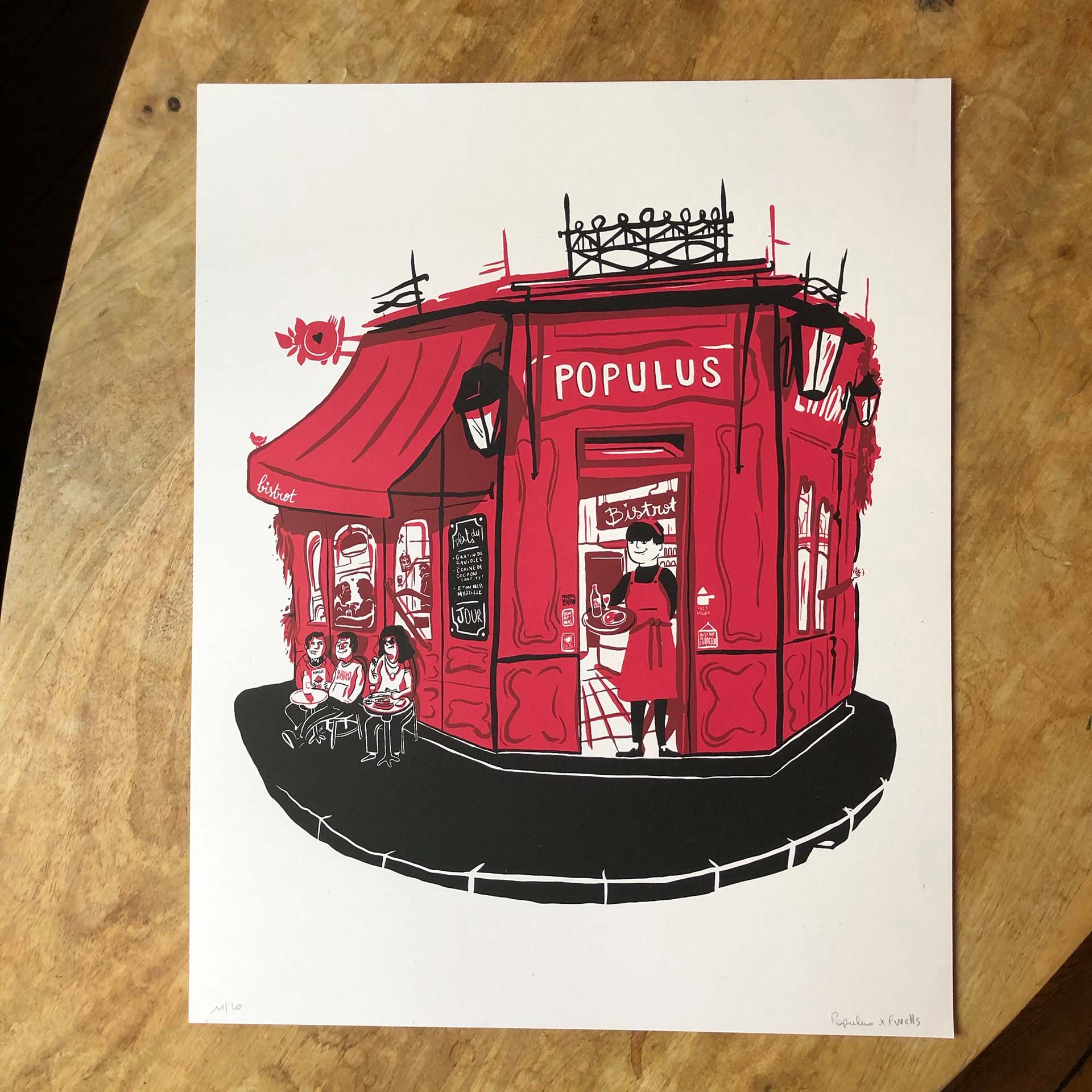 Populus Bistrot - Illustration de Romain Fwells - Sérigraphie à l'Atelier Fwells Paris