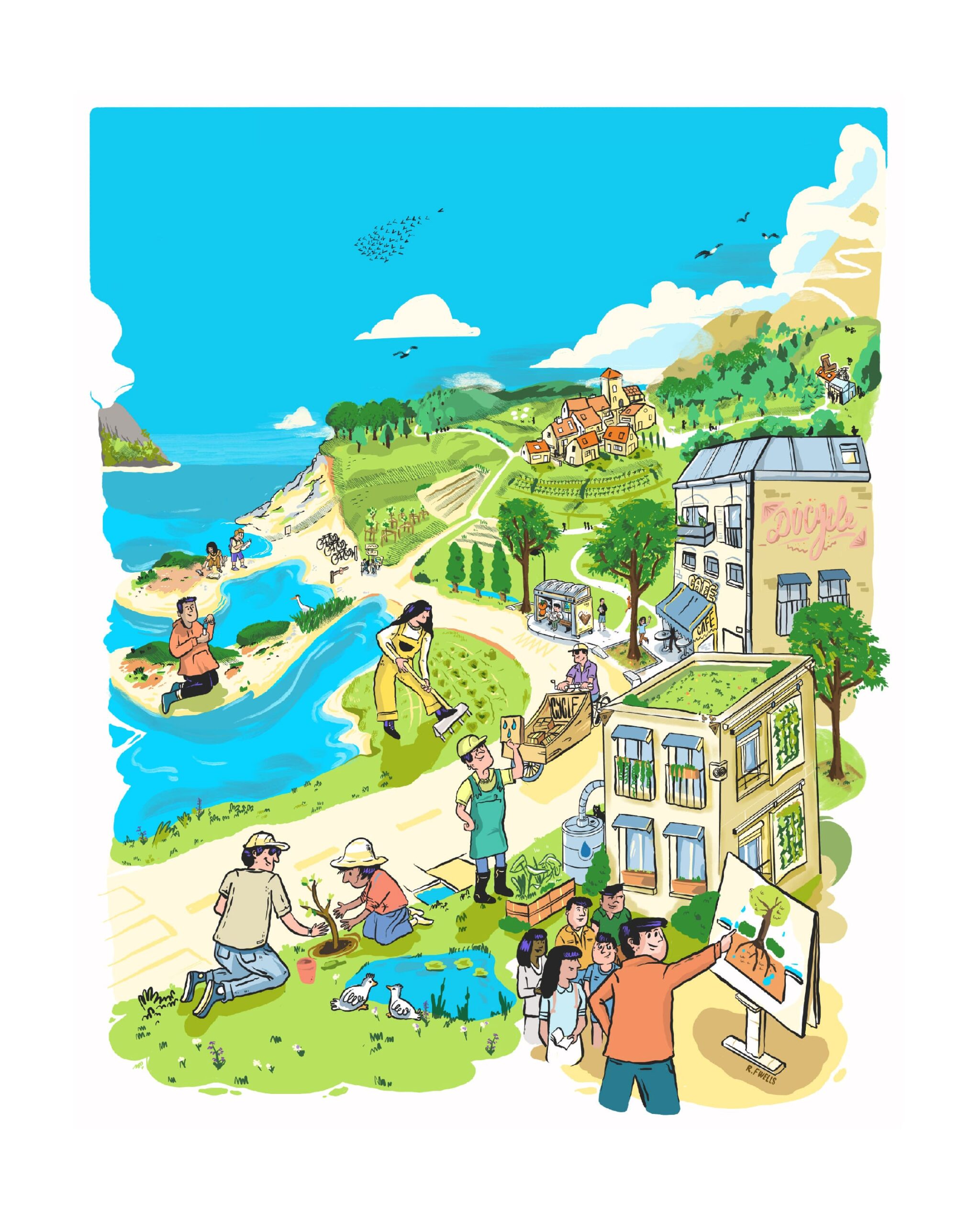 Illustration éditoriale sur l'adaptation au changement climatique réalisée pour Sparknews et la presse quotidienne régionale.