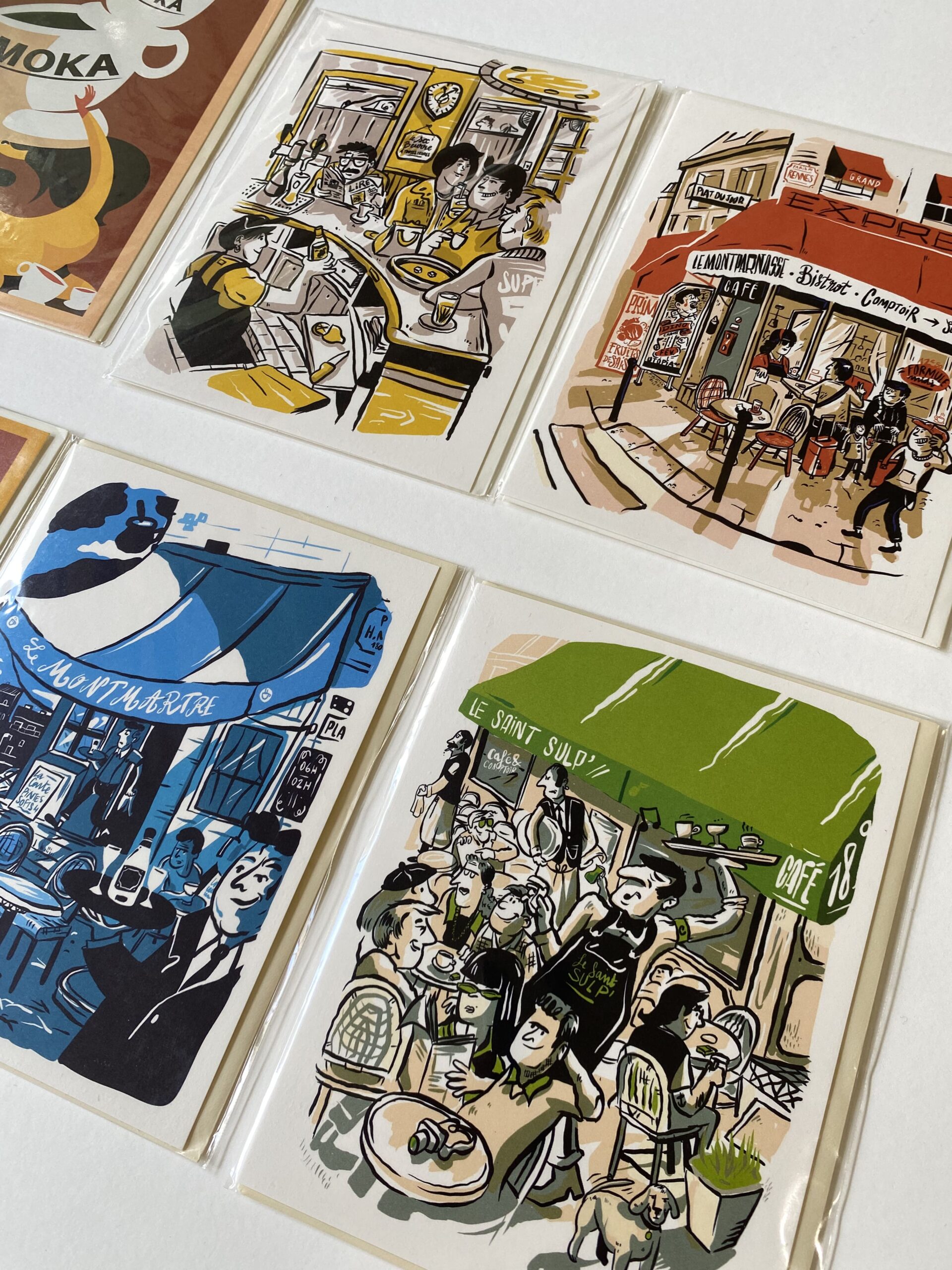 Illustration du café Le Saint-Sulpice à Paris, réalisée par Romain Fwells pour la série de cartes postales "Paris, vues des bistrots".